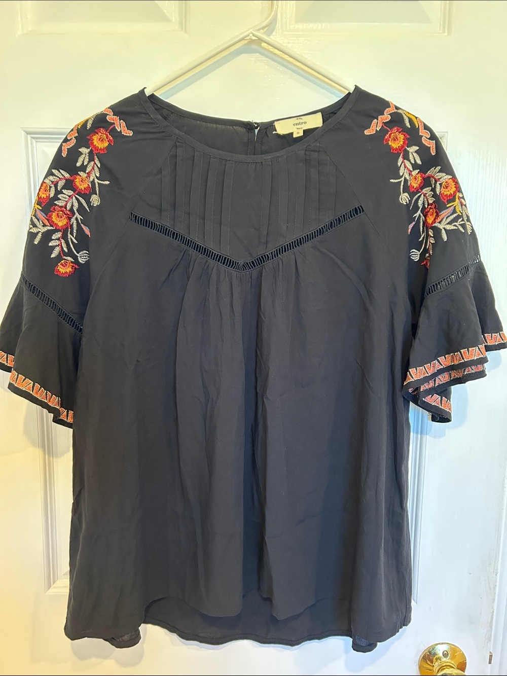 Entro Embroidered Black Women's Blouse with Floral Accents, small